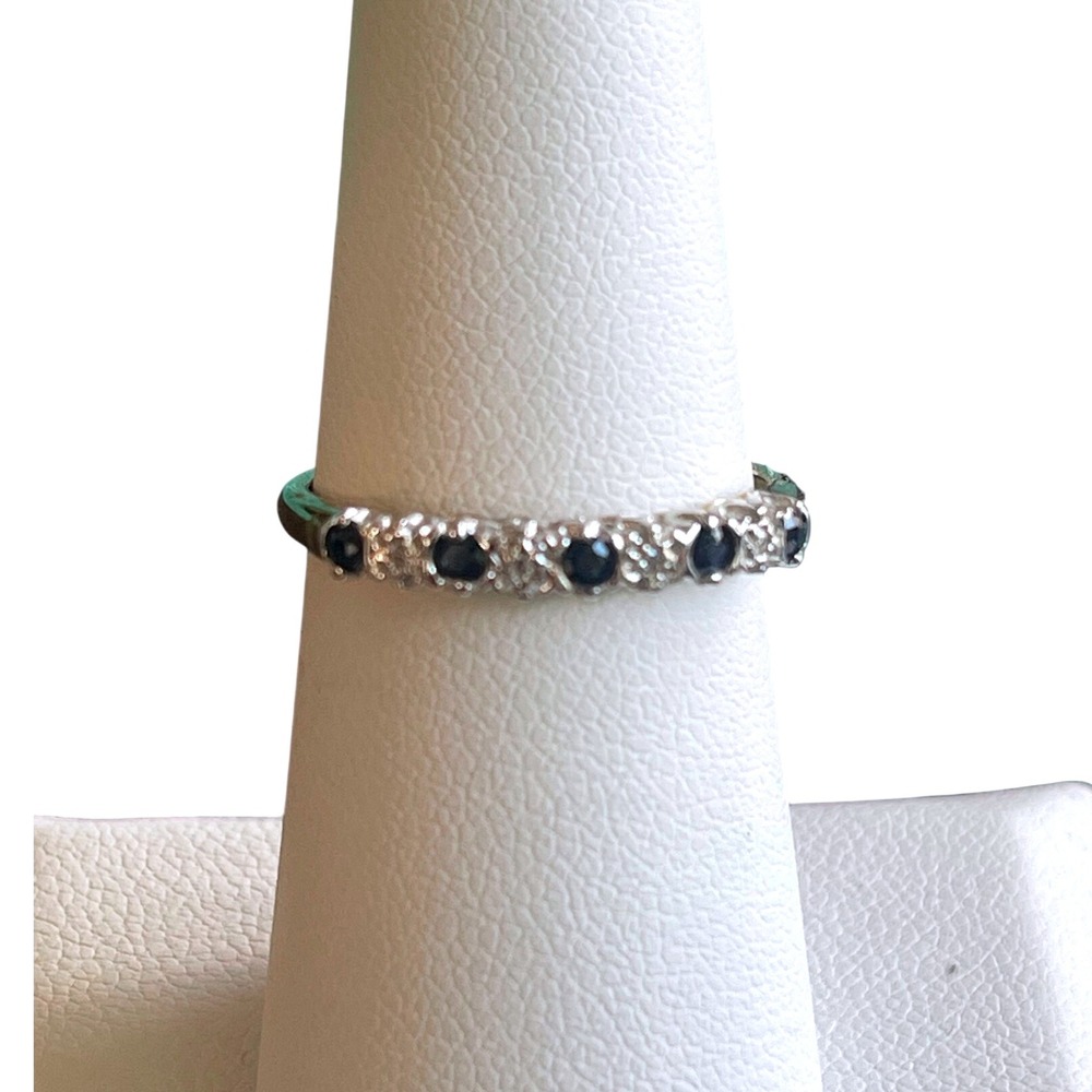 9K Gold Diamond Sapphire Band Ring Size 6– Vintage Style Blue Gemstone Jewelry - Picture 5 of 5
